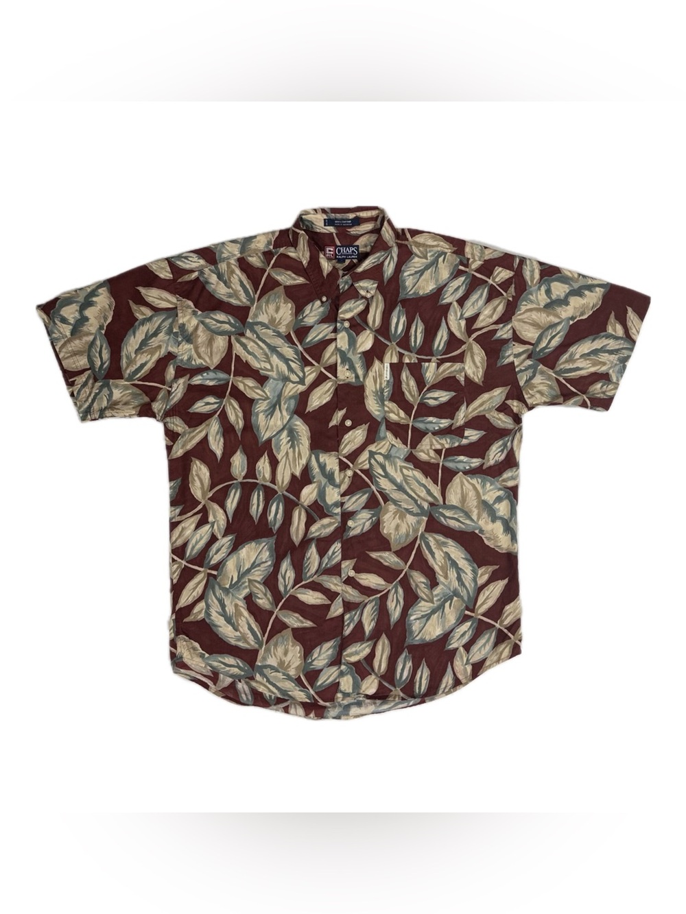 Vtg Chaps Ralph Lauren Maroon Green Hawaiian Leaf Print Button Shirt Men Large